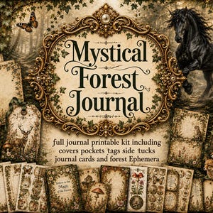 May include: A printable journal kit titled Mystical Forest Journal featuring a decorative gold frame, an owl, a black horse, foxes, and butterflies. The kit includes covers, pockets, tags, side tucks, journal cards, and forest ephemera with text.