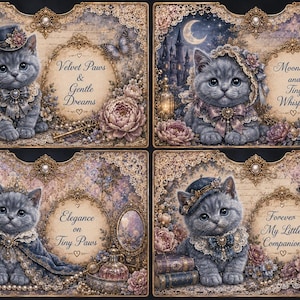 May include: Four decorative cards featuring illustrations of gray kittens in vintage attire. Each card has a different background with floral and butterfly accents. Text on the cards includes "Velvet Paws & Gentle Dreams", "Moonlight and Tiny Whispers", "Elegance on Tiny Paws", and "Forever My Little Companion".