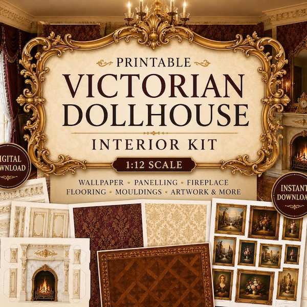 Victorian Dollhouse Interior Decor Kit, 1:12 Scale Printable Wallpaper, Flooring, Fireplace (Digital Download)