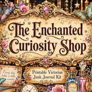 Może przedstawiać: Zestaw do druku junk journal z tekstem The Enchanted Curiosity Shop, Printable Victorian Junk Journal Kit, Magic is in the smallest things, Collect wonder wherever you go oraz Every day holds a little wonder, ozdobiony motylami, różami, kluczami i szklanymi butelkami.
