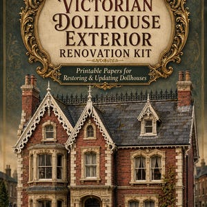 May include: A Victorian Dollhouse Exterior Renovation Kit featuring printable papers for restoring and updating dollhouses. The image displays a detailed red brick house with white trim, multiple windows, a dark front door, and a slate roof.
