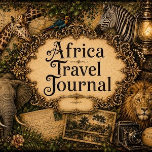 Op de afbeelding: Een rechthoekige Africa Travel Journal kaft met een centraal, sierlijk goudkleurig kader met de tekst Africa Travel Journal. Het ontwerp bevat een giraffe, zebra, olifant, leeuw, aap, vogel, vintage lantaarn, camera, kompas en oude ansichtkaarten.