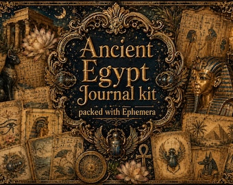 Könnte beinhalten: Ein Ancient Egypt Journal kit packed with Ephemera mit goldenem Text in einem dunklen, verzierten Rahmen. Das Design zeigt Illustrationen einer Katze, einer Pharaonenmaske, Pyramiden, Skarabäen, Lotusblumen und Hieroglyphen auf gealtertem Papier.