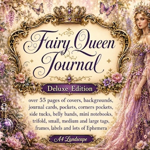 Puede incluir: Un diario Fairy Queen Deluxe Edition con más de 55 páginas de portadas, fondos, tarjetas, bolsillos, bandas, mini cuadernos, trípticos, etiquetas, marcos y rótulos. Este conjunto en formato horizontal A4 incluye motivos florales.