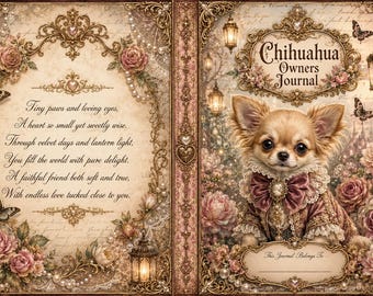 Puede incluir: Un diario decorativo con un Chihuahua en la portada. El diario presenta un perro marrón claro con un atuendo burdeos y un cuello de encaje. La portada incluye el texto "Chihuahua Owners Journal" y un poema.