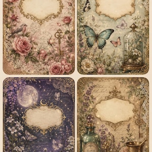 Könnte beinhalten: Vier Vintage-Journalseiten mit verzierten Goldrahmen. Jede Seite hat ein anderes Thema: Rosen und ein Vogel, Schmetterlinge und eine Glaskuppel, eine Mondlichtszene und Apothekenartikel. Die Hintergründe weisen Schrift- und Blumenelemente auf.