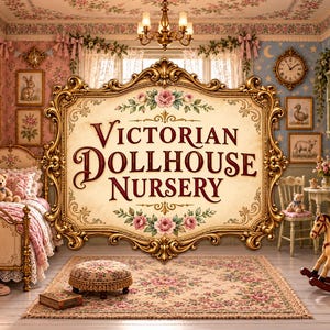 以下が含まれることがあります： 画像中央にある大きな装飾が施された金色のフレームには、Victorian Dollhouse Nurseryという文字が表示されています。背景には、ベッド、木馬、花柄のラグ、小さなスツール、アルファベット表を含む様々な壁の装飾が施された部屋が写っています。
