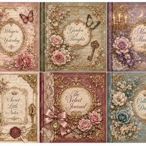 May include: A collection of six vintage-style journals with floral and butterfly embellishments. Each journal features ornate frames, pearls, and ribbons. Titles include "Whispers of Yesterday," "Garden of Thoughts," and "Moonlit Musings."
