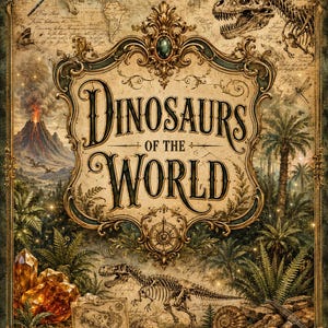 May include: An illustrated book cover titled "Dinosaurs of the World." The design features a vintage aesthetic with a map background, dinosaur skeletons, and lush foliage. The title is in ornate lettering, with a volcano and compass.