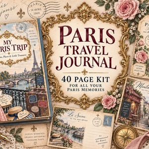 Puede incluir: Un kit de diario de viaje de París de 40 páginas que incluye un libro titulado My Paris Trip, un marco dorado decorativo con el texto Paris Travel Journal, postales vintage con ilustraciones de la Torre Eiffel, rosas y una brújula.