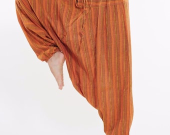 May include: Orange and brown striped pants with a drawstring waist.