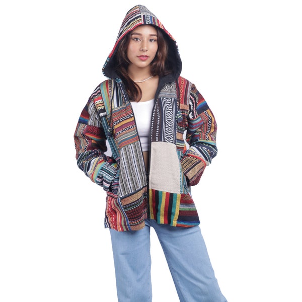 Patchwork Jacke - Unisex Ethisch handgefertigte Jacke - Traditioneller nepalesischer Boho Hippie Gheri Patch Stil - Hippie Hoodie bei Hima Originals