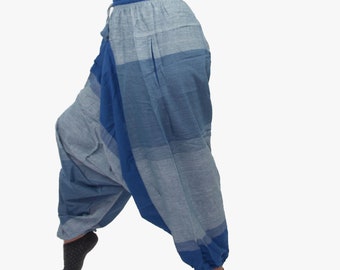 May include: Blue and gray striped pants with a wide leg and elastic waistband.