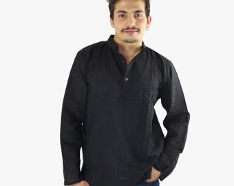 Black Khaki Cotton Casual Shirt - Unisex Cotton Kurta - Traditional Ethnic Design From Nepal - Comfortable Yoga Tunic - Ethically Handmade