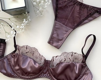 Chocolate Lingerie Set Classy - Brown Lace Bra and Panty Set - Garter Belt Full Lingerie Set - Birthday Gift for Girlfriend or Wife