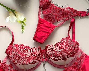 Red Lingerie Set Classy - Lace Floral Bra and Panty Set - Garter Belt Full Lingerie Set - Birthday Gift for Girlfriend or Wife