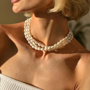 3 Layer Pearl Choker - Real Freshwater Pearl Necklace -  Elegant Bridal Necklace - Handcrafted Wedding Jewelry