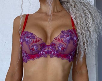 Purple Flower Lace Lingerie Set - Romantic Lace Bra and Thong Set - Perfect  Birthday Gift for Girlfriend or Wife