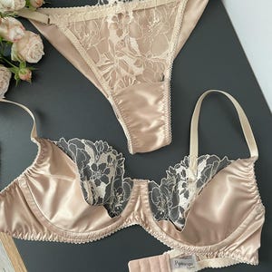 Beige Lingerie Set Classy - Lace Bra and Panty Set - Satin Lingerie Set - Birthday Gift for Girlfriend or Wife