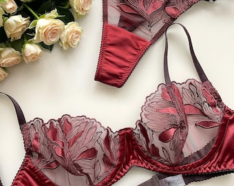 Elegant Terracot Lace Lingerie Set - Floral Bra & Thong - Special Birthday Gift for Wife or Girlfriend