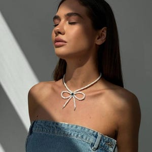 Pearl Bow Choker Necklace - Elegant Coquette Jewelry - Freshwater Pearls - Romantic Birthday Gift for Her