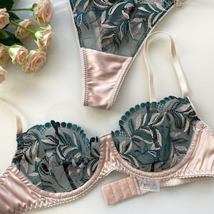 Floral Green Embroidery Lace Lingerie Set - Beautiful Floral Bra & Panties for Her - Luxury Women's Underwear