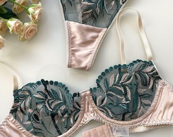 Floral Green Embroidery Lace Lingerie Set - Beautiful Floral Bra & Panties for Her - Luxury Women&#39;s Underwear