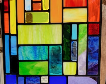 Modern Geometric Stained Glass Panel | Frank Lloyd Wright-Inspired Window Art