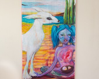 May include: A colourful painting of a girl with blue hair and a white animal. The girl is sitting on a yellow and orange background with a nest of eggs in front of her. The animal is standing behind her and has a long neck and a pointed snout.