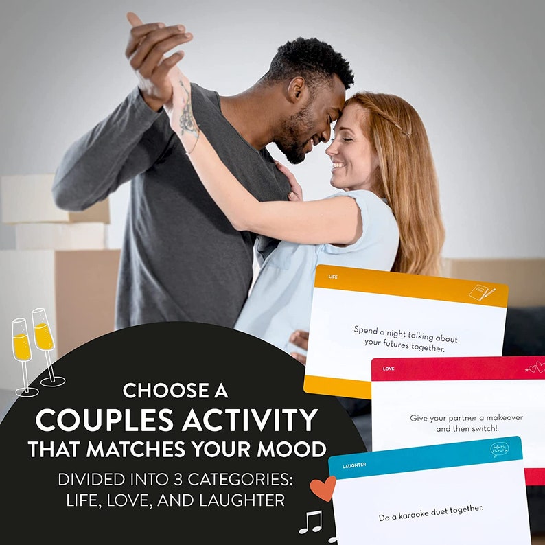May include: A couple is dancing and smiling at each other. The image is a graphic for a couples activity game. The game is divided into three categories: Life, Love, and Laughter. The game cards are shown in the image. The cards have prompts for activities such as "Spend a night talking about your futures together." and "Do a karaoke duet together."