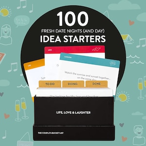 May include: A black box with the text "The Couple's Bucket List" and "Life, Love & Laughter" on the front. The box contains cards with date night ideas, labeled "To Do", "Doing", and "Done". The cards have categories for "Life", "Love", and "Laughter".