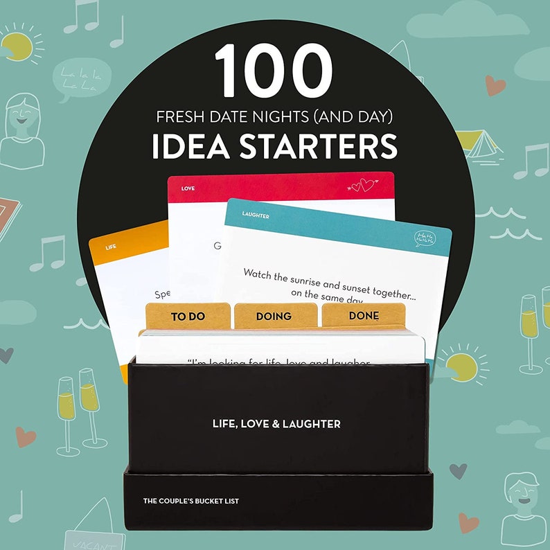 May include: A black box with the text "The Couple's Bucket List" and "Life, Love & Laughter" on the front. The box contains cards with date night ideas, labeled "To Do", "Doing", and "Done". The cards have categories for "Life", "Love", and "Laughter".