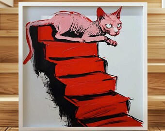 Sphynx Katze Art Print - Moderne rote Treppe, originelles Wohndekor (Digitaler Download)