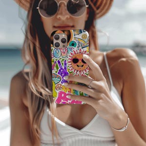 Sticker Bomb Phone Case for iPhone 16-13 | Retro Hippie Tie-Dye Design for iPhone, Cute Gift for Her, Mom Gift
