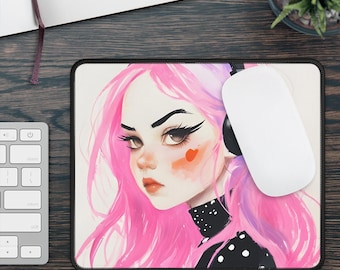 Anime Girl Mouse Pad | E-girl Gaming Desk Mat, Pink Hair Gamer Gift, Cute Gaming Setup, Streamer Gift, Gamer Room Decor