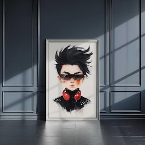 Puede incluir: Una ilustración digital de una persona con cabello negro que lleva gafas de sol y auriculares rojos. La persona lleva una camisa negra con puntos blancos. El fondo es blanco.