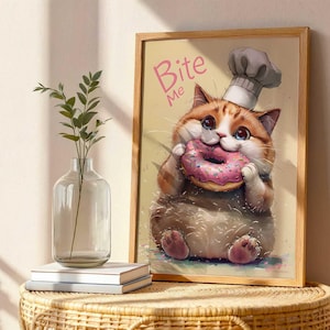 Chonky Cat Wall Art | Funny Donut Cat Print, Cat Illustration, &quot;Bite Me&quot; Cute Animal Poster, Fat Cat Kitchen Decor, Whimsical Cat Lover Gift