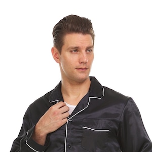 Mens Silk Satin Pajamas - PJ Set Top and Bottom - Black - White Piping