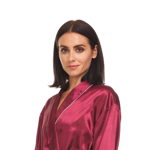 Women's Silky Satin Robe  Burgundy / White Piping - ( SR-BRG )