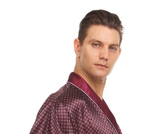 Mens Silk Satin Robe - Burgundy Checker