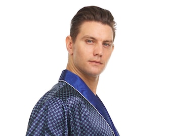 Mens Silk Satin Robe - Blue Checker