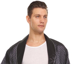 Mens Silk Satin Robe - Black Checker