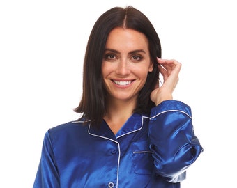 Womens Silk Satin Pajamas - PJ Set Top and Bottom - Blue - White Piping