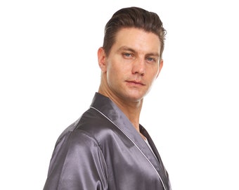 Mens Silk Satin Robe - Grey