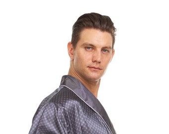 Mens Silk Satin Robe - Grey Checker