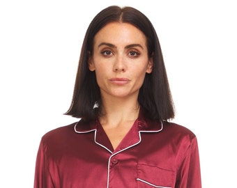 Womens Silk Satin Pajamas - PJ Set Top and Bottom - Burgundy - White Piping