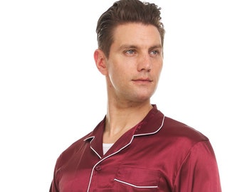 Heren zijden satijnen pyjama - pyjama set boven en onder - bordeaux - witte biezen