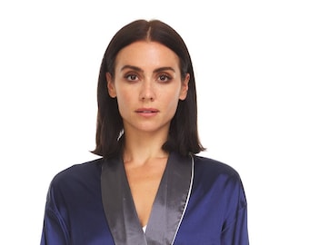 Women's Silky Satin Robe  NAVY / GREY Collar  ( NGC )