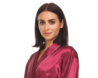 Women's Silky Satin Robe  Burgundy / White Piping - ( SR-BRG )