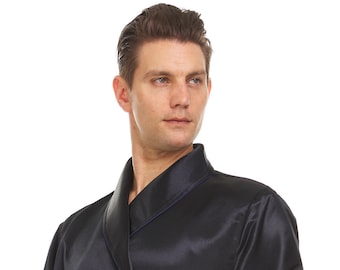 Mens Silk Satin Robe - Heavy Weight Fully Lined Black Hand Made